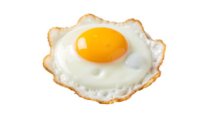 Transparent PNG of a perfectly cooked sunny-side up fried egg with a vibrant yellow yolk and crispy browned edges, isolated for easy graphic design and delicious breakfast meal compositions.