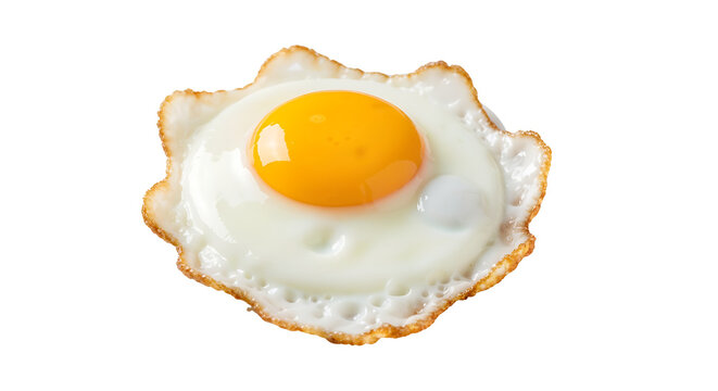 Transparent PNG of a perfectly cooked sunny-side up fried egg with a vibrant yellow yolk and crispy browned edges, isolated for easy graphic design and delicious breakfast meal compositions.