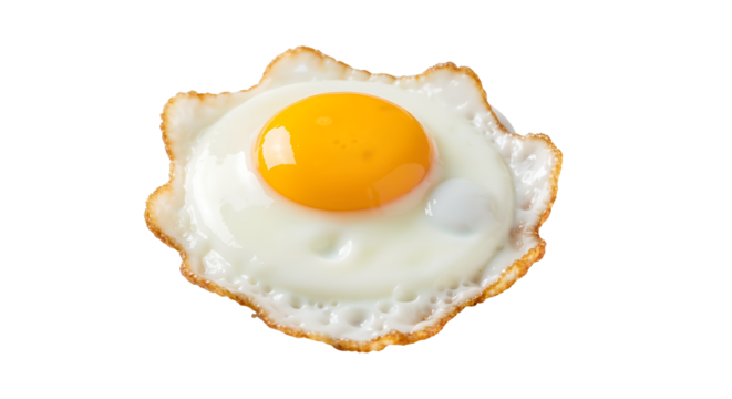 Transparent PNG of a perfectly cooked sunny-side up fried egg with a vibrant yellow yolk and crispy browned edges, isolated for easy graphic design and delicious breakfast meal compositions.