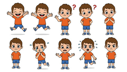 Cartoon Boy Character Expressing Diverse Emotions And Actions Set