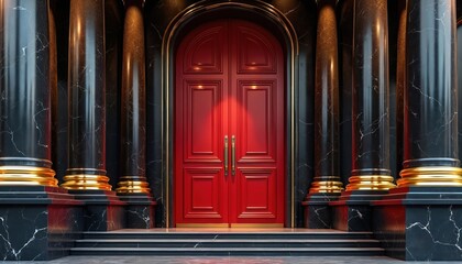Grand double red doors with gold accents flank black marble columns. Ornate entrance signifies luxury and prestige. Steps lead to an opulent building facade, suggesting wealth and success.
