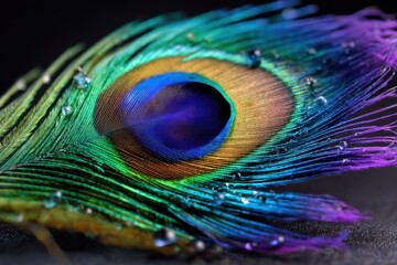 Fototapeta premium Vibrant peacock feather with water droplets on a dark background showcasing intricate details