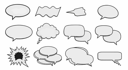 Fototapeta premium A diverse collection of empty handdrawn comic book speech bubbles with bold black outlines and subtle grey shading.