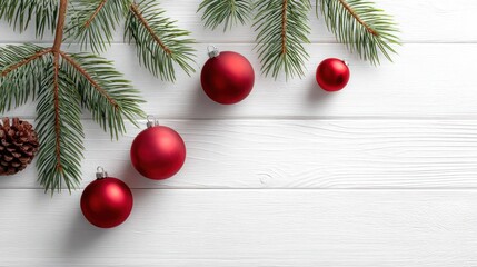 Festive Red and Gold Christmas Ornaments with Pine Branches Background