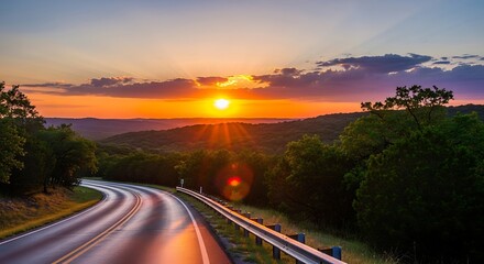 Scenic Road Winding Through Lush Landscape at Sunset.