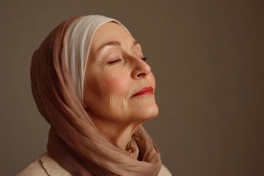 Senior woman in a headscarf experiencing peace and serenity, eyes closed, enjoying a moment of mindfulness and tranquility