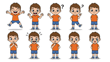 Cartoon Boy Emotions And Actions Set