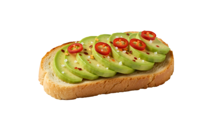 Delicious and healthy avocado toast with fresh sliced avocado, garnished with vibrant red chili slices, coarse sea salt, and chili flakes, on a golden-brown toasted bread slice, isolated on transparen
