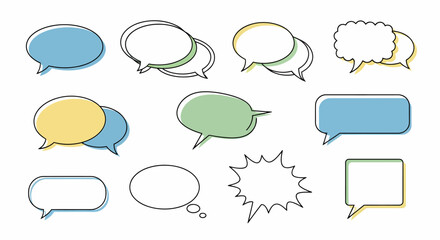 Obraz premium Set of colorful handdrawn speech bubbles with black outlines and pastel fills Doodlestyle comic dialogue boxes and thought balloons.