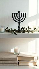 Black menorah placed on a shelf surrounded by candles and decorative greenery, creating a serene atmosphere with soft light filtering through, perfect for celebrating traditions and festive occasions