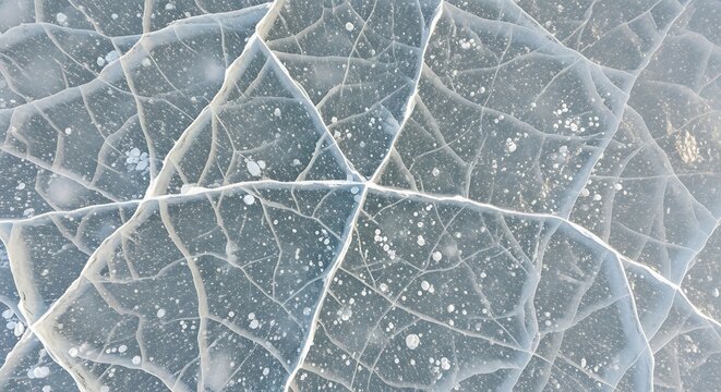 Abstract Patterns of Ice Cracks and Snow Crystals on a Frozen Surface in Natural Winter Environment Detailed Close Up View - Powered by Adobe