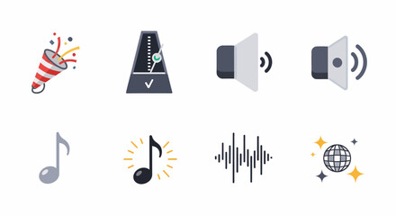 Fototapeta premium Vibrant Music and Party Icons Set Metronome Speakers Musical Notes Sound Waves Disco Ball Party Popper.