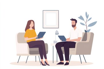 Therapist women explaining digital wellness application to man client during consultation session. Promoting mental health and e therapy