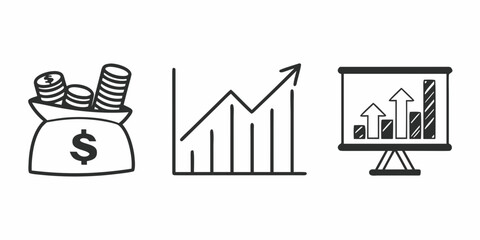 Illustration showing a money bag with coins, a growth chart, and a presentation with rising bars