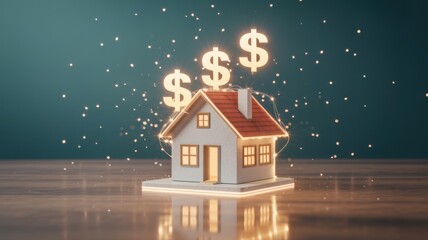 Model house with floating dollar signs representing real estate value.