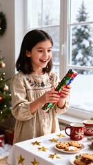 Young girl with dark hair wearing a festive dress, joyfully holding colorful party poppers, surrounded by holiday treats on a decorated table, capturing the spirit of celebration and winter festivitie