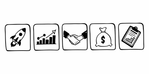 Doodle style icons representing business growth, startup, partnership, money, and financial analysis chart