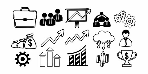 Illustration of business elements including briefcase, team, chart, money and trophy icon