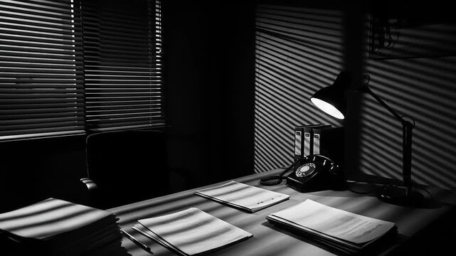 Film Noir Detective Office Scene with Venetian Blinds and Desk Lamp.