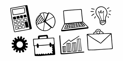 Doodle style icons representing business elements such as charts, laptop, and lightbulb idea icon