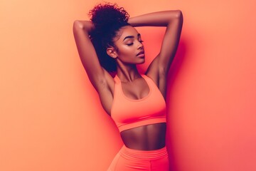 Young woman with closed eyes stretching arms behind her head, posing confidently in an active neon orange sportswear