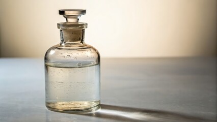 Clear glass bottle with liquid on a surface with subtle lighting