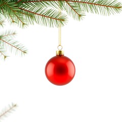 A single red Christmas ornament hanging from a green evergreen branch, isolated on white.