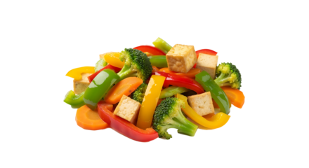 Vibrant mix of fresh chopped vegetables and tofu cubes, including red, yellow, and green bell peppers, broccoli florets, and sliced carrots, perfectly arranged for healthy plant-based cooking, isolate