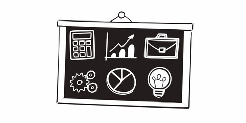 Blackboard displaying business icons including calculator graph briefcase and lightbulb and pie chart