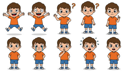 Cartoon Boy Expressions Set: Diverse Emotions And Actions From Happy To Angry And Sad