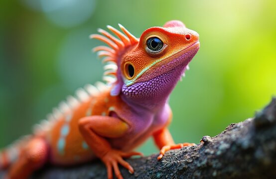 Close up shot of colorful lizard with spiky crest on green background. Orange pink reptile looks up with curiosity. Tropical exotic fauna on tree branch at rainforest.