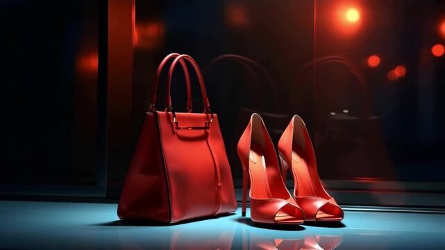 Fashionable red handbag and high-heeled shoes on a reflective surface. Sales and advertising of stylish accessories.