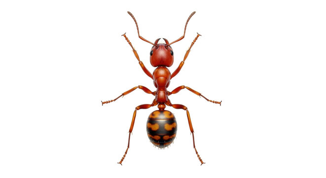 Isolated Cow killer ant insect with orange body and black and yellow abdomen from above
