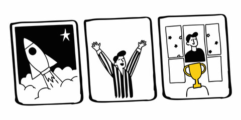 Three framed images depicting a rocket launch, a person cheering, and a person with a trophy award