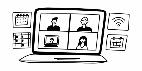 Laptop screen showing a video conference call with four participants and calendar icons and wifi symbol