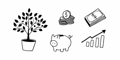 Illustration showing a money tree coins piggy bank cash and a rising graph in black and white style