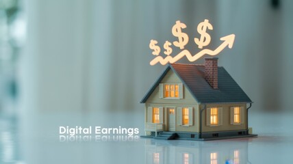 Digital house model with earnings growth symbols above it.