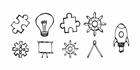 Doodle style sketch of puzzle pieces, light bulb, gear, sun, easel, and rocket ship in black and white