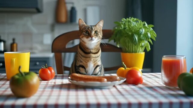 Cute funny outbred mongrel cat sits at table in front of plate with sausage and licks his mouth.