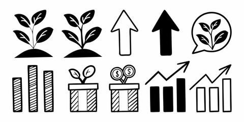 Illustration of plants growing with upward arrows and rising bar charts symbolizing growth and success