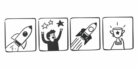 Doodle style illustrations showing rocket launch, success, and achievement in a square frame format
