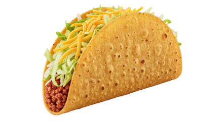 Isolated hard-shell taco with seasoned ground beef, shredded lettuce, and cheddar cheese