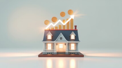 Conceptual house model with financial growth indicators.