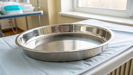 Sterile stainless steel tray in a clinical environment with soft lighting