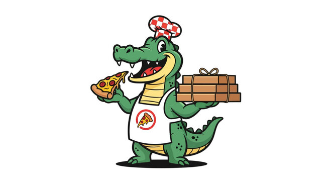 Cheerful crocodile chef with pizza slice and boxes perfect for branding or menu design