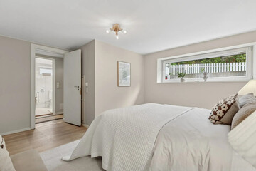 Modern luxury bedroom interior in minimal scandinavian style, 3d render
