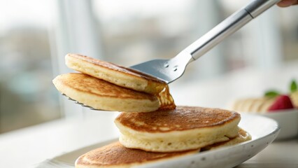 Fluffy pancakes being served with a spatula in bright indoor setting