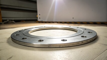 Close up view of circular metal component on industrial surface