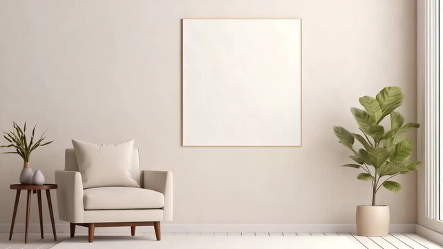 Mock up of minimalist living room interior in modern style. Empty square frame on wall and cozy soft chair, large pots of flowers, copy space for text.