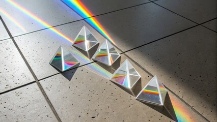 Prismatic light reflections on floor from glass prisms in sunlight